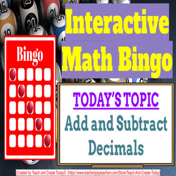 Preview of 4th Grade Math Game Bingo Activity #17 Add and Subtract Decimals