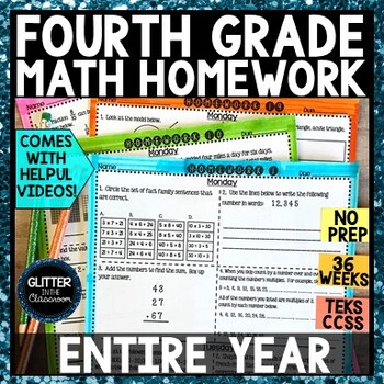 Preview of 4th Grade Math Homework - Entire Year - 36 Weeks - NO PREP - TEKS & CCSS