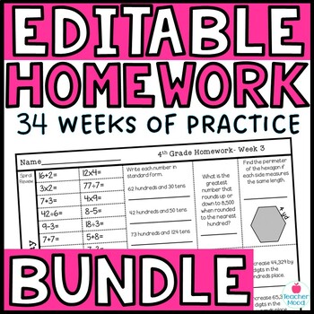 Preview of 4th Grade Math Homework Math Practice Spiral Review | EDITABLE BUNDLE