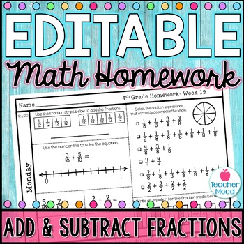 Preview of 4th Grade Math Homework Week 19 | Adding and Subtracting Fractions