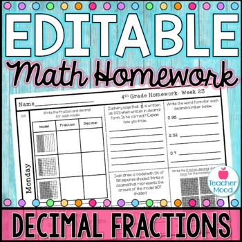 Preview of 4th Grade Math Homework Week 23 | Fractions and Decimals