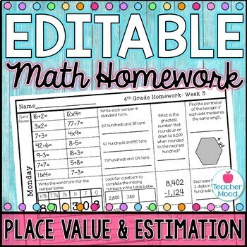 Preview of 4th Grade Math Homework Week 3 | Place Value and Estimation