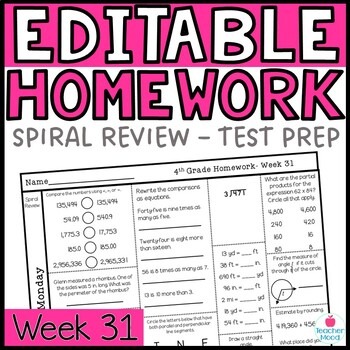 Preview of 4th Grade Math Homework Week 31 | Spiral Review | Test Prep