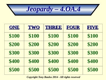 4th Grade Math Jeopardy Game, Whole Number Factor Pairs & Prime