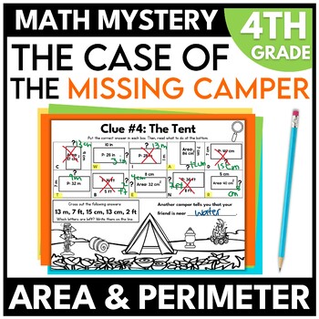 Preview of 4th Grade Math Mystery Area Perimeter Review Worksheets Camping Escape Room