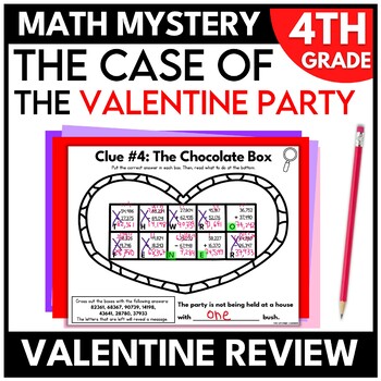 Preview of 4th Grade Math Mystery Valentine's Day Fourth Grade Math Worksheets Escape Room
