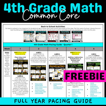 Preview of 4th Grade Common Core Math Pacing Guide FULL YEAR | FREEBIE