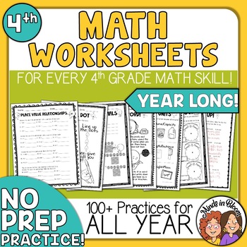 Preview of 4th Grade Math Practice Worksheets To Last ALL Year- Place Value, Fractions, etc