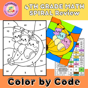 Preview of 4th Grade Math Review | Banana Cat Color by Code Coloring Worksheet