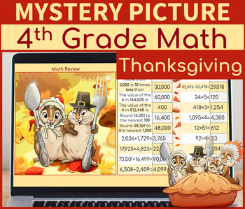 Preview of 4th Grade Math Review | Mystery Picture Thanksgiving Chipmunks