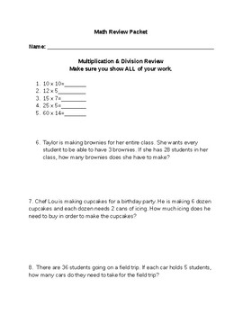 Preview of 4th Grade Math Review Packet for EOG