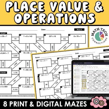Preview of 4th Grade Math Review Place Value, Multiplication & Division Practice Math Mazes