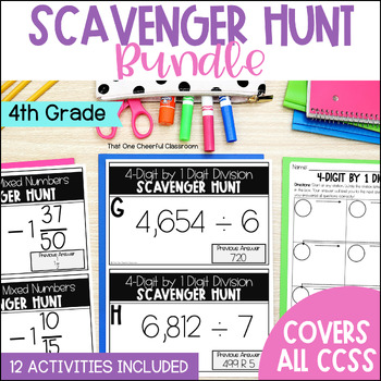 Preview of 4th Grade Math Scavenger Hunt Review Bundle - Fractions, Decimals, Geometry