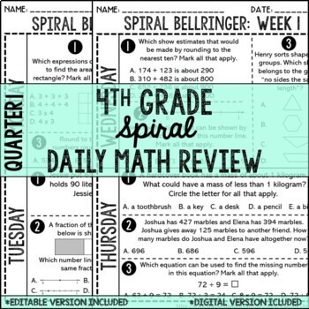 Preview of 4th Grade Math Spiral Bellringer Quarter 1 + Digital