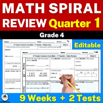Preview of 4th Grade Math Spiral Daily Review and Weekly Quizzes Morning Work | 1st Quarter