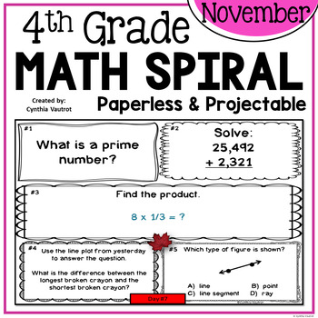 Preview of November Daily Math Spiral for 4th Grade (Common Core)