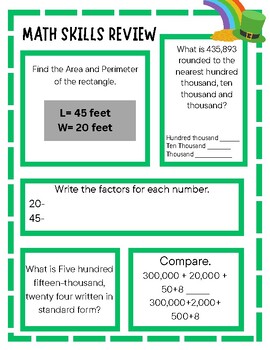 Preview of 4th Grade Math St. Patrick's Day Spring Skills Worksheets/Spiral Review Packet