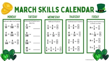 Preview of 4th Grade Math St. Patrick's Day Skills Activity Calendar Worksheet Packet