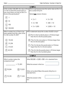 Preview of 4th Grade Math State Test Review Practice (4.NBT.1,2,3,4,5,6,7)