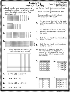 4th Grade Math Teks 4 A Day Staar Prep Bundle Of Weeks 1 8 8 Weeks