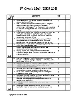 Preview of 4th Grade Math TEKS Checklist