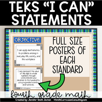 Preview of 4th Grade Math TEKS I Can Statements - Objective Posters - Black and White