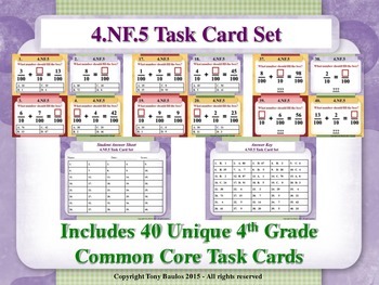 Preview of 4th Grade Math Task Cards - Add & Express Fractions As Equivalent 4.NF.5
