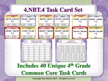 Preview of 4th Grade Math Task Cards - Add and Subtract Multi-Digit Whole Numbers 4.NBT.4