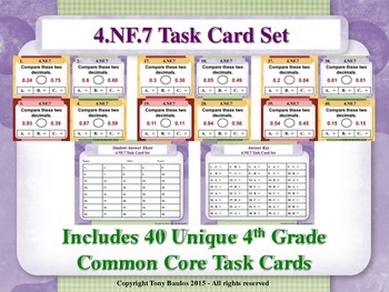 Preview of 4th Grade Math Task Cards - Compare Two Decimals to Hundredths 4.NF.7