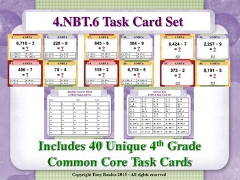 Preview of 4th Grade Math Task Cards - Find Whole-Number Quotients and Remainders 4.NBT.6