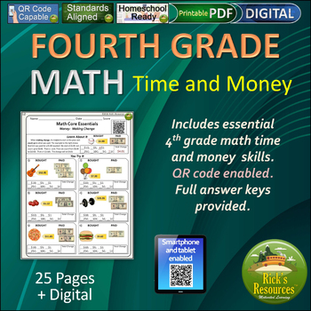 Preview of 4th Grade Math Time and Money Worksheets - Print and Digital Versions