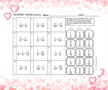 Preview of 4th Grade Math Valentine's Day Mystery Word Activity with Decimal Fractions