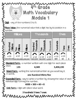 4th Grade Math Vocabulary Module 1 by Teaching2Plz | TpT