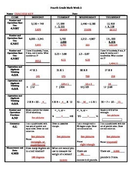 4th grade math warm up or homework week 2 and answer key by hulagirl727