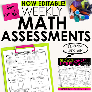 Preview of 4th Grade Math Weekly Assessments Math Quizzes [Editable]