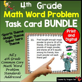 Preview of 4th Grade Math Word Problem Task Card Bundle Print and Digital