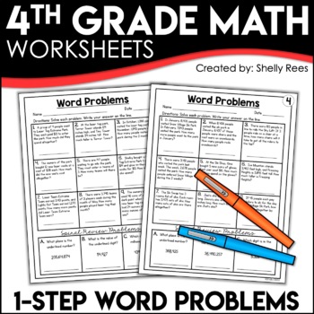 Preview of 4th Grade Math Word Problems Worksheets 1 Step Word Problems All Operations