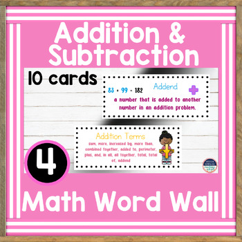Preview of 4th Grade Math Word Wall & Math Vocabulary Words Addition & Subtraction