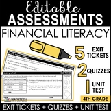 4th Grade Personal Financial Literacy Exit Tickets, Quizze