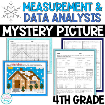 Preview of 4th Grade Measurement & Data - Winter Mystery Coloring Picture - Snowy Cabin