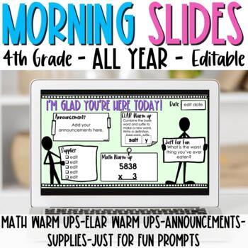 Preview of 4th Grade Google Slides Morning Work, Math & ELA Warm Ups, Editable Bell Ringers