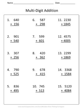 4th Grade Multi-Digit Addition & Subtraction Worksheet Practice Set