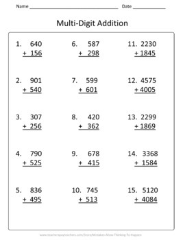 4th grade multi digit addition subtraction worksheet practice set