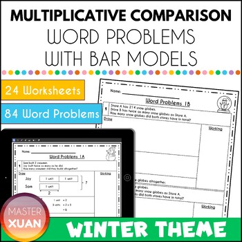 Preview of 4th Grade Multiplicative Comparison Model Word Problems Worksheet (Winter Theme)