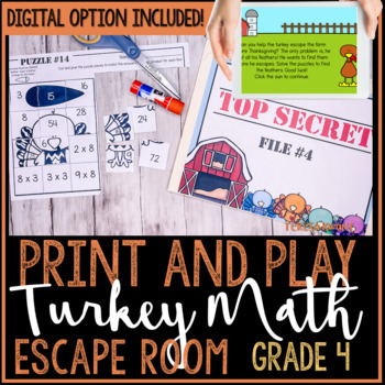 Preview of 4th Grade November Turkey Thanksgiving Math Escape Room Breakout Activity