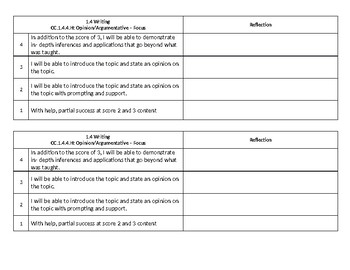 Preview of 4th Grade - PA Core - Marzano Literacy Goals/Scales - Goals and Reflection