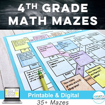 Preview of 4th Grade PDF & Digital Math Mazes Activity Worksheets Bundle Decimals Fractions