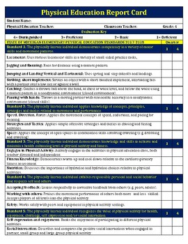 Preview of 4th Grade Physical Education Standard Based Report Card