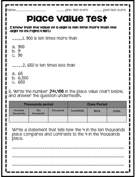 4th grade place value pre post assessment editable tpt