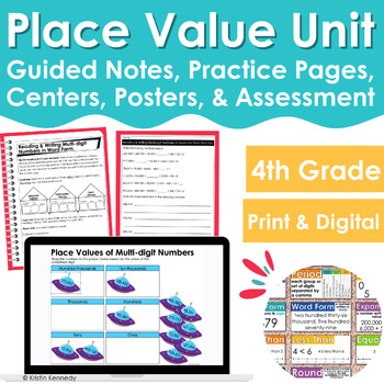 Preview of 4th Grade Place Value Unit Interactive Notebook, Worksheets, Centers, Vocabulary